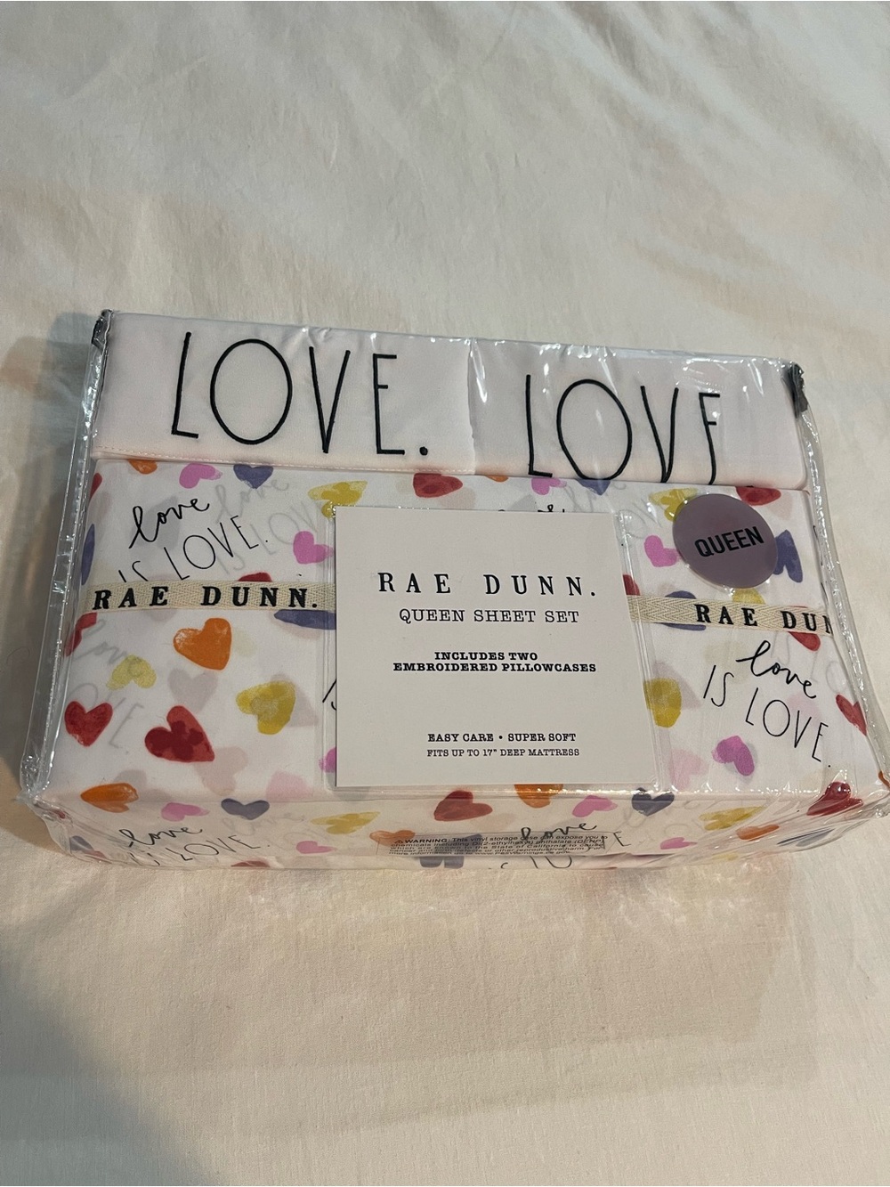Rae Dunn Valentine Queen Sheet Set in White with Multicolor Heart Print